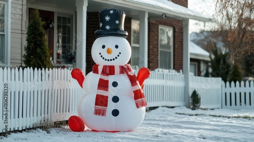 Inflatable snowman with a scarf and top hat, placed by a white picket fence