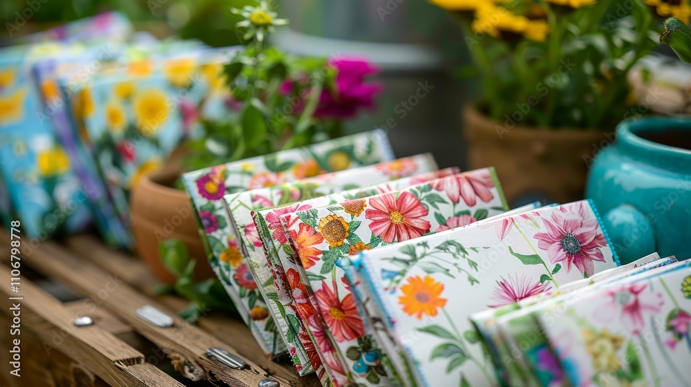 Sustainable seed packets made from plantable paper, featuring vibrant floral designs and eco-friendly inks, promoting gardening while appealing to nature lovers Sustainable seed packets made from plantable paper, featuring vibrant floral designs and eco-friendly inks, promoting gardening while appealing to nature lovers