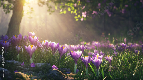 Magical Spring Crocus Meadow Sunrise photo