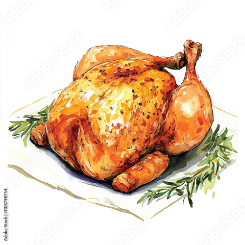 Roasted chicken watercolor clipart illustration