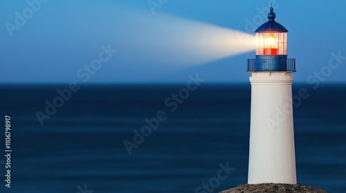 A serene lighthouse stands tall by the ocean, casting its beam of light across the dark waters at twilight, symbolizing guidance and safety.