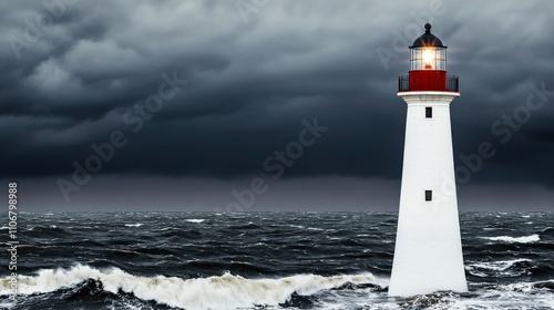 A solitary lighthouse stands against a stormy sky, guiding ships through turbulent waves and emphasizing the contrast between light and dark.