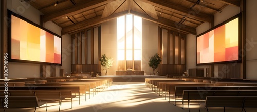 Sunlit modern church sanctuary with wooden beams, pews, and large screens.