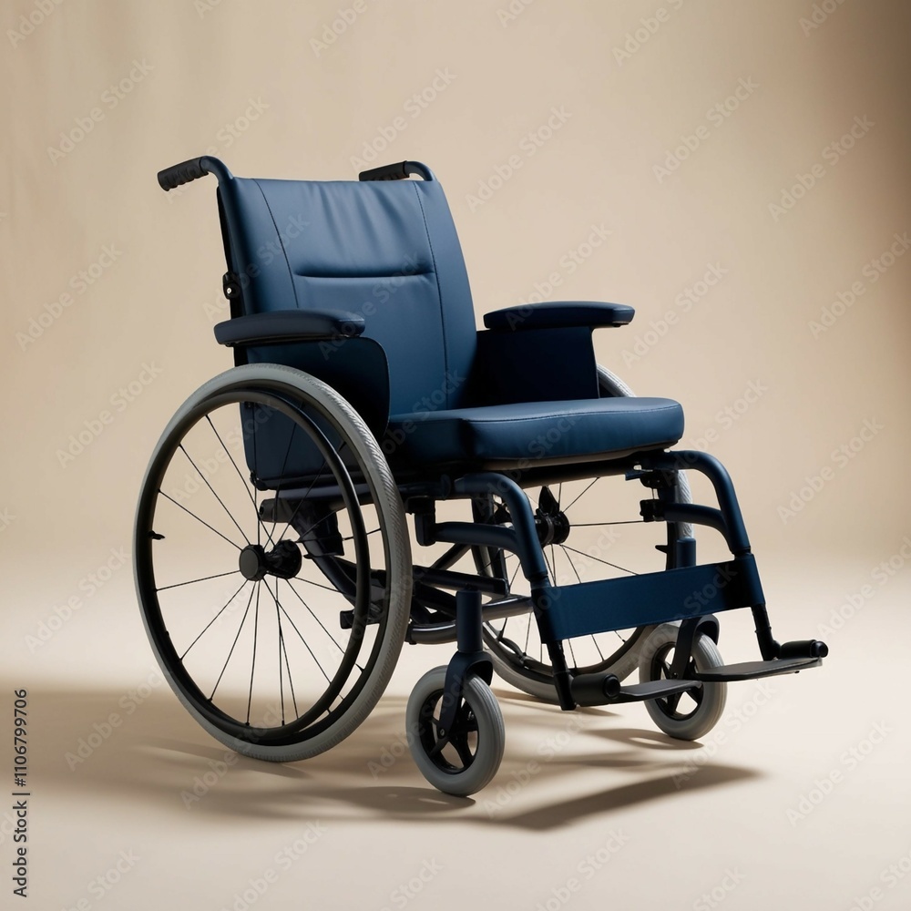 Create a detailed and inviting image of a modern wheelchair positioned on a soft, neutral background. The wheelchair should be designed with a sleek frame and comfortable navy blue upholstery, highlig Create a detailed and inviting image of a modern wheelchair positioned on a soft, neutral background. The wheelchair should be designed with a sleek frame and comfortable navy blue upholstery, highlig