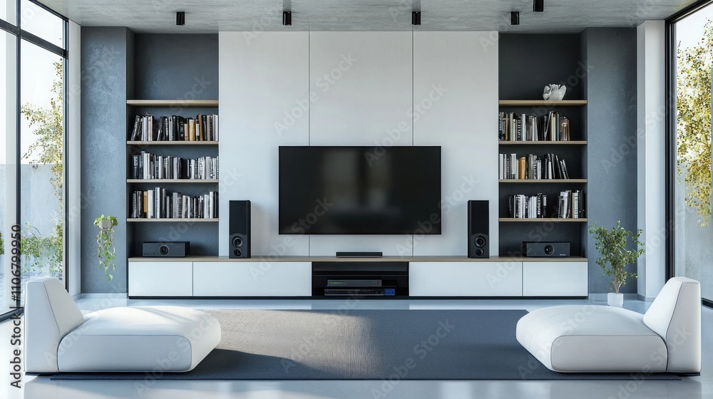 Fototapeta premium A sleek and modern entertainment center in a living room, featuring a TV, sound system, and bookshelves.