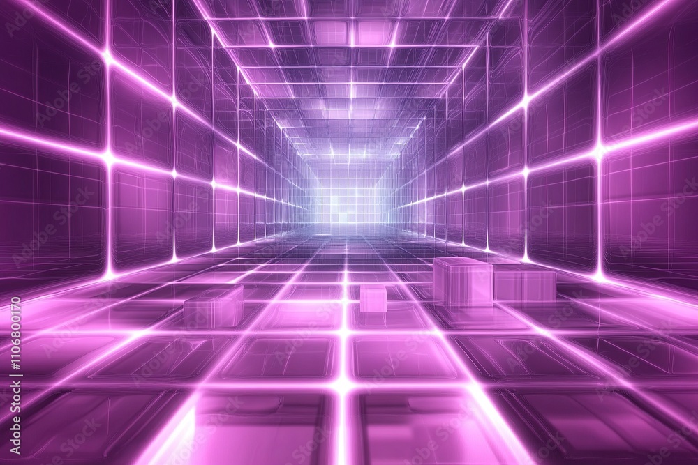 Abstract scene with floating 2D grids and 3D cubes, neon lighting and depth. Abstract scene with floating 2D grids and 3D cubes, neon lighting and depth.