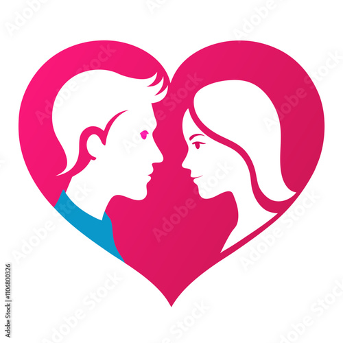 Romantic Couple Face-to-Face on Love Shape, Heart-Shaped Couple Illustration