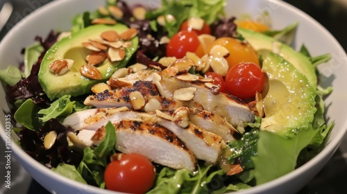 A vibrant salad composed of mixed greens, cherry tomatoes, avocado slices