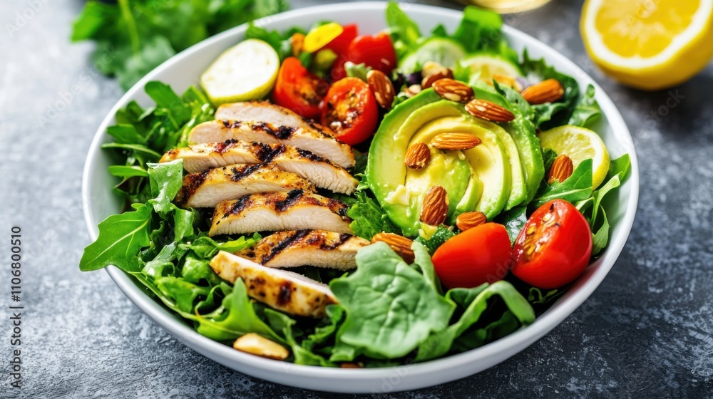 A vibrant salad composed of mixed greens, cherry tomatoes, avocado slices A vibrant salad composed of mixed greens, cherry tomatoes, avocado slices