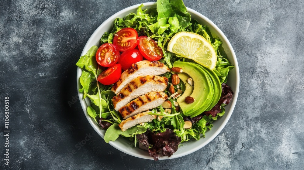 A vibrant salad composed of mixed greens, cherry tomatoes, avocado slices A vibrant salad composed of mixed greens, cherry tomatoes, avocado slices