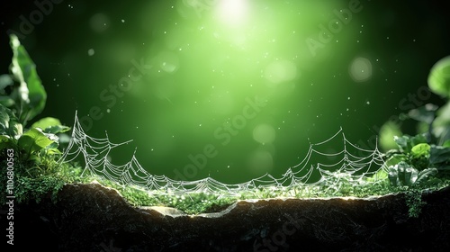 Dew kissed Spiderweb on Lush Green Moss Rock Background