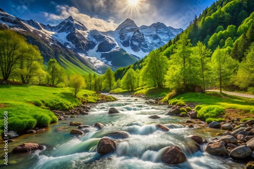 Captivating Portrait of a Snowmelt Fed Stream Flowing Through a Lush Green Valley Surrounded by Majestic Mountains in Early Springtime Light photo