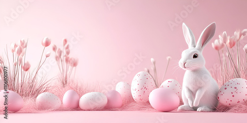 Pastel Easter Scene with Bunny and Pink Flowers