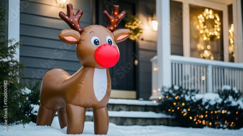 Inflatable reindeer with bright red nose standing near a snowy front porch