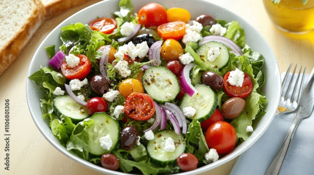 A vibrant salad with mixed greens, cherry tomatoes, sliced cucumbers