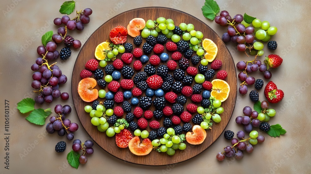 Fresh berries and grapes displayed in a circular mandala pattern on a wooden serving board, Fruit mandala arrangement, Artistic plate design Fresh berries and grapes displayed in a circular mandala pattern on a wooden serving board, Fruit mandala arrangement, Artistic plate design