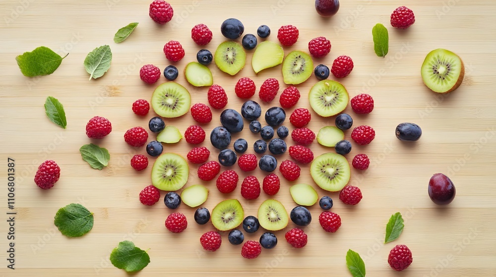 Fresh berries and grapes displayed in a circular mandala pattern on a wooden serving board, Fruit mandala arrangement, Artistic plate design Fresh berries and grapes displayed in a circular mandala pattern on a wooden serving board, Fruit mandala arrangement, Artistic plate design