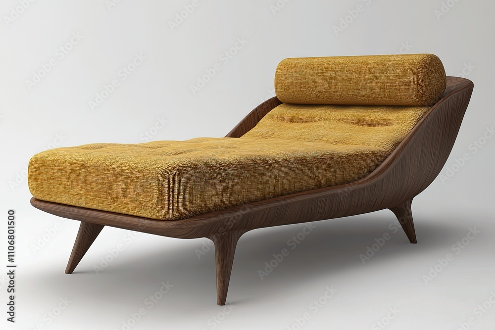 Modern reinterpretation of mid-century furniture design, sleek shapes with vintage textures.