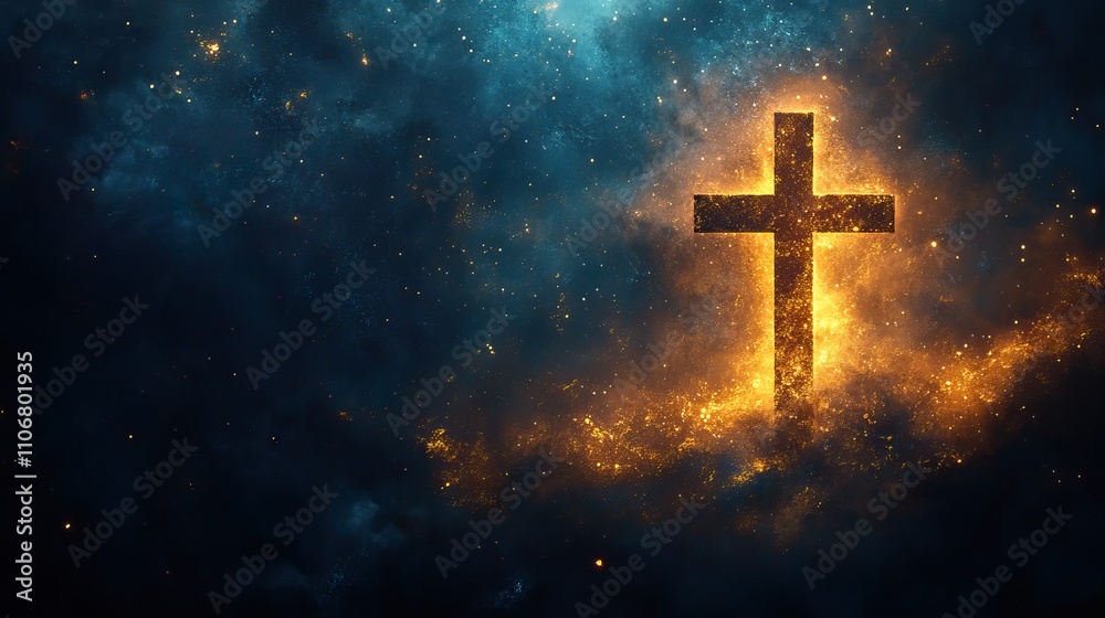 A cross is positioned on the right side of an abstract dark blue background with gold splashes, creating a visually striking image with a Christian theme A cross is positioned on the right side of an abstract dark blue background with gold splashes, creating a visually striking image with a Christian theme