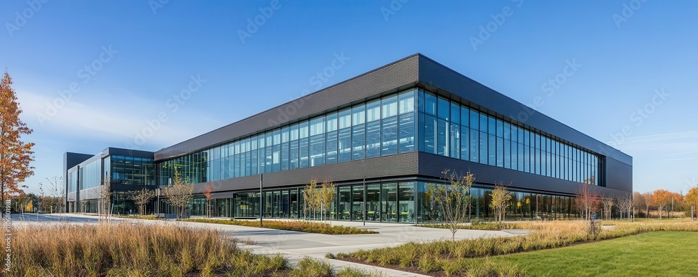 Facade of a high-tech research center with sleek angles, carbon fiber panels, and energy-efficient windows Facade of a high-tech research center with sleek angles, carbon fiber panels, and energy-efficient windows