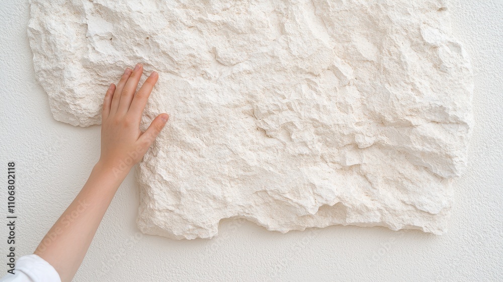 Obraz premium Hand Touching Textured White Stone Wall Architecture Texture Background