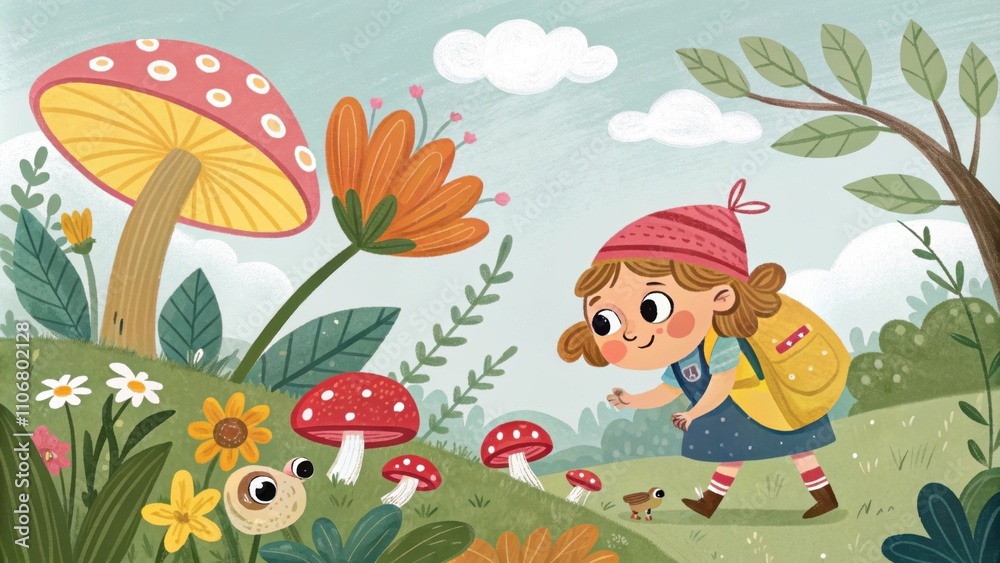 Fototapeta premium Whimsical Adventure A playful childrens illustration depicts a curious young s exploring a whimsical forest filled with oversized flowers and mushrooms. The s with cheerful bright