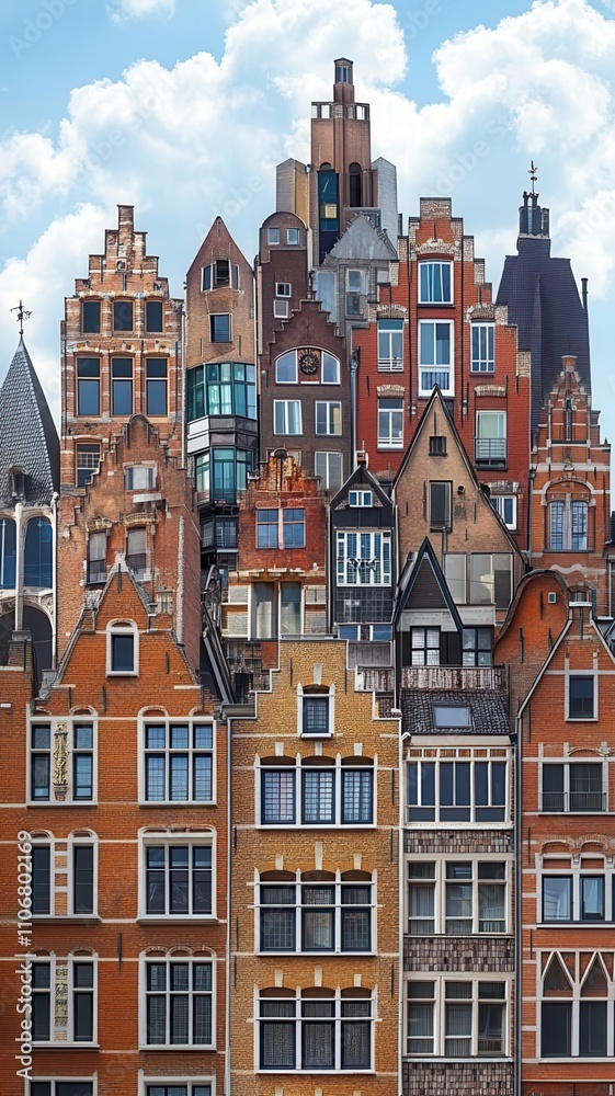 Abstract close-up of layered building facades in a collage effect, mixing architectural eras, artistic urban design concept Abstract close-up of layered building facades in a collage effect, mixing architectural eras, artistic urban design concept