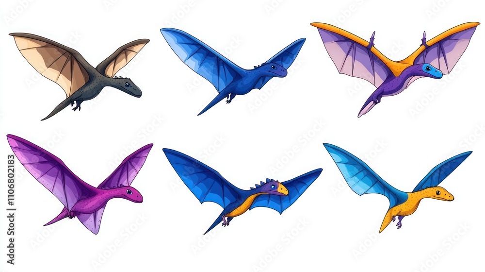 Collection of Isolated Pterodactyls on White Background Collection of Isolated Pterodactyls on White Background