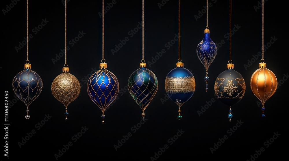 Festive New Year Celebration with Various Christmas Ornaments on Solid Black Background Festive New Year Celebration with Various Christmas Ornaments on Solid Black Background