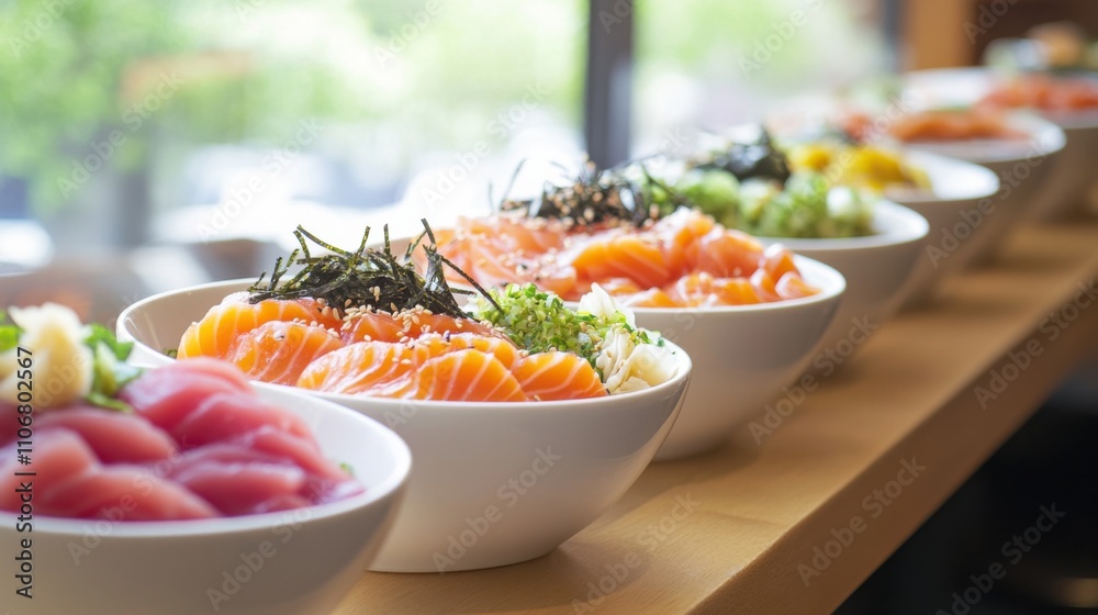 A vibrant sushi bowl bar with options like tuna, salmon, and shrimp A vibrant sushi bowl bar with options like tuna, salmon, and shrimp