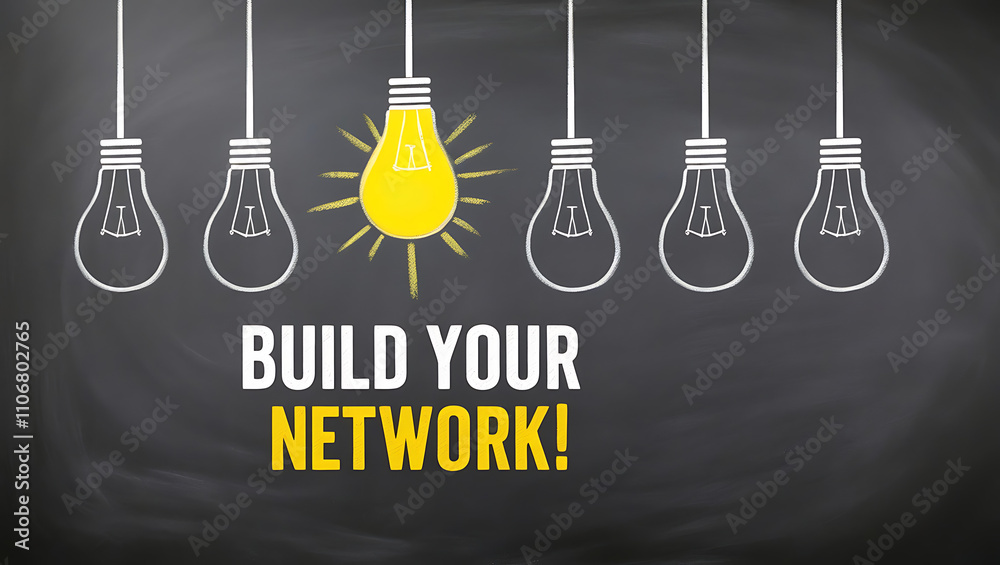 Chalkboard Style Design with Light Bulb Outlines and 'BUILD YOUR NETWORK!' Motivational Text, network growth, building network, network connectivity, digital network, team building Chalkboard Style Design with Light Bulb Outlines and 'BUILD YOUR NETWORK!' Motivational Text, network growth, building network, network connectivity, digital network, team building