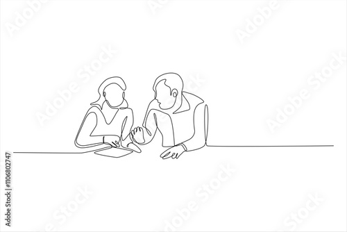 Single-line drawing of two people collaborating at a table.
