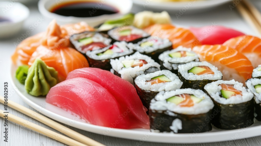 A vibrant sushi platter featuring assorted rolls with tuna, salmon, avocado A vibrant sushi platter featuring assorted rolls with tuna, salmon, avocado
