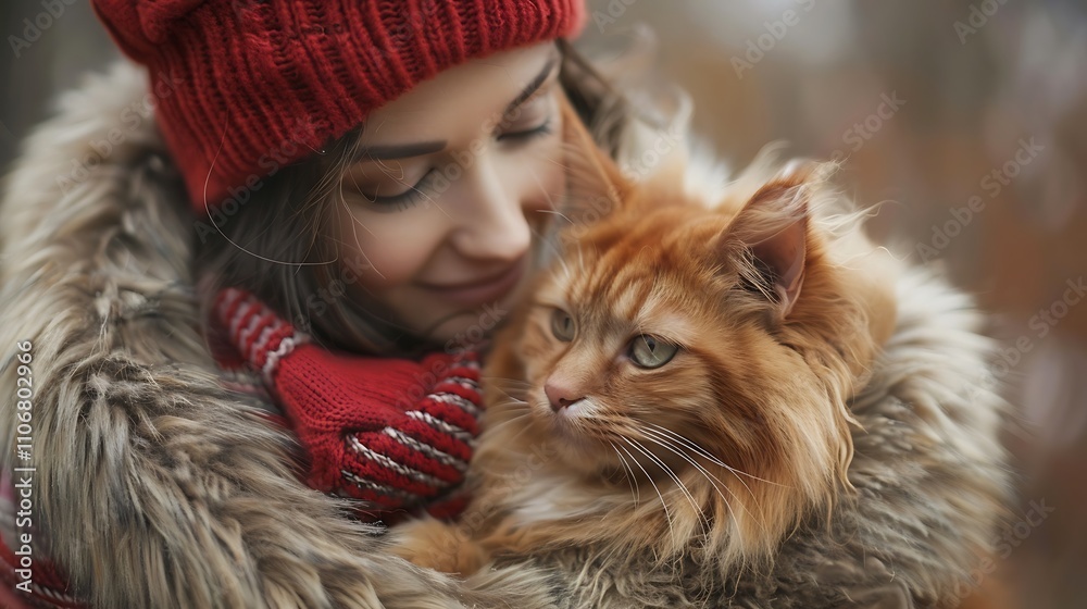 White, fluffy cat and dog cuddled up on a woman's hand White, fluffy cat and dog cuddled up on a woman's hand
