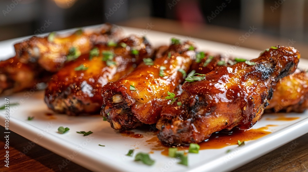 A close-up of BBQ chicken wings with a crispy, golden skin, covered in tangy barbecue sauce, arranged on a white plate A close-up of BBQ chicken wings with a crispy, golden skin, covered in tangy barbecue sauce, arranged on a white plate