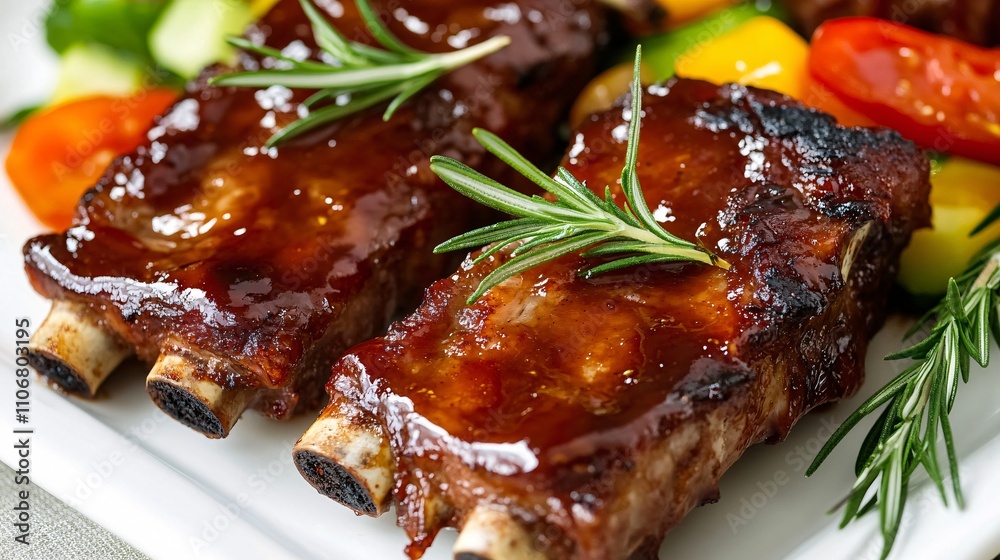 A close-up of BBQ lamb chops with a caramelized glaze, garnished with rosemary and fresh vegetables, on a white plate A close-up of BBQ lamb chops with a caramelized glaze, garnished with rosemary and fresh vegetables, on a white plate