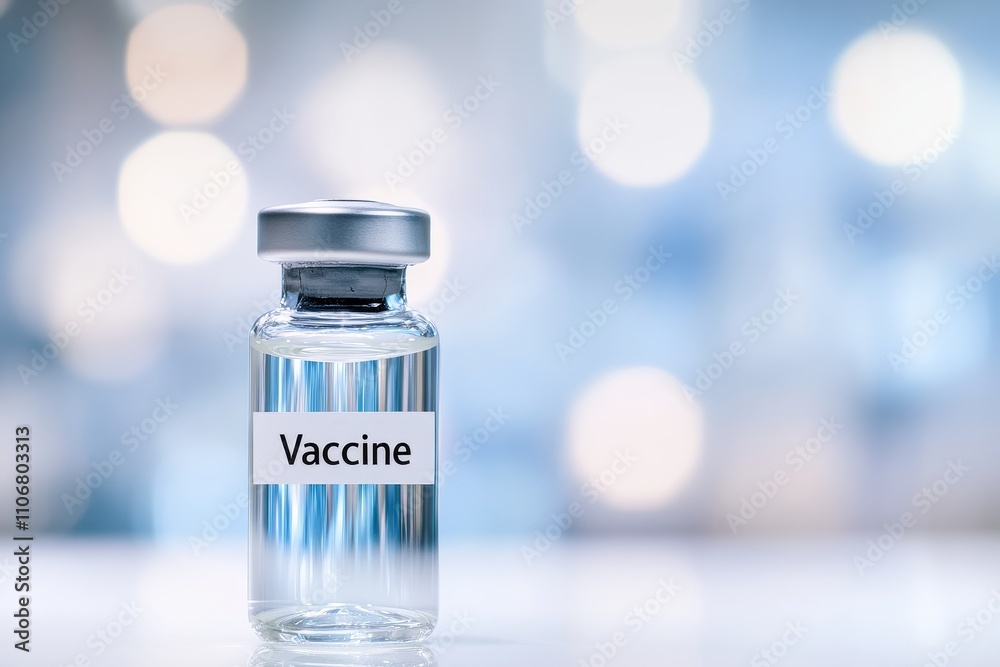 Vial of clear liquid with label vaccine written on the glass vial on a white table, close-up photo. Vial of clear liquid with label vaccine written on the glass vial on a white table, close-up photo.