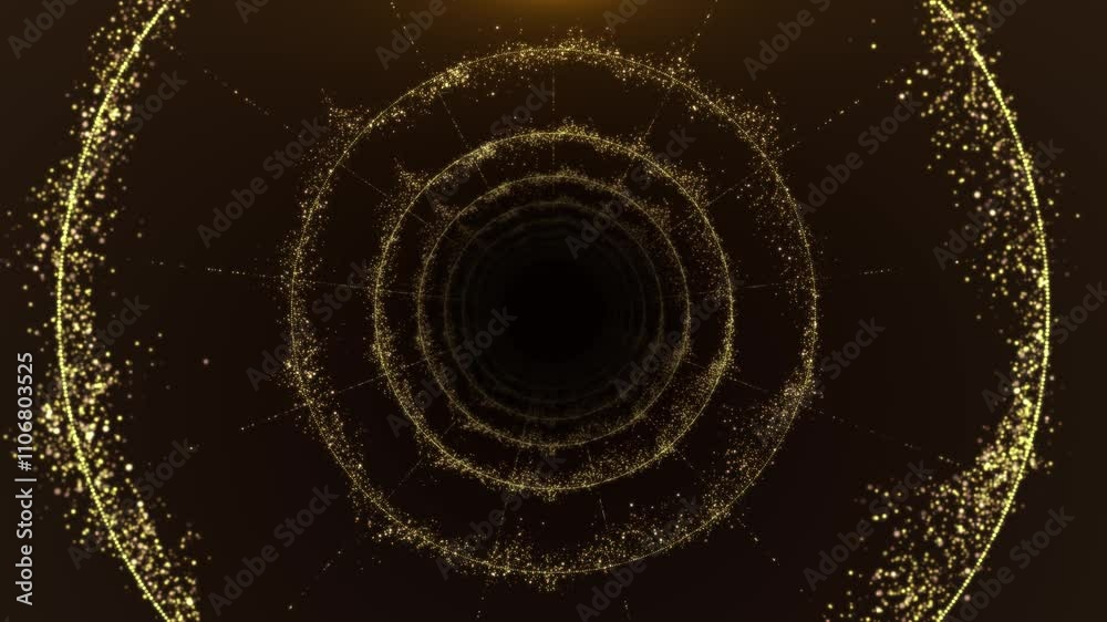 A tunnel event Golden Glitter sparkling particles concert dance game music stage party openers titles led tunnel sparks black background Birthday, Anniversary, new year, event, Christmas, Festival