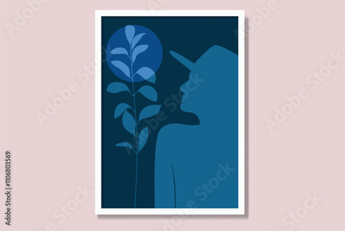 Feminine printable wall art poster. Modern framed canvas prints minimal Vector illustration art. Elegance aesthetic blue color night view art stylish women interior design. 