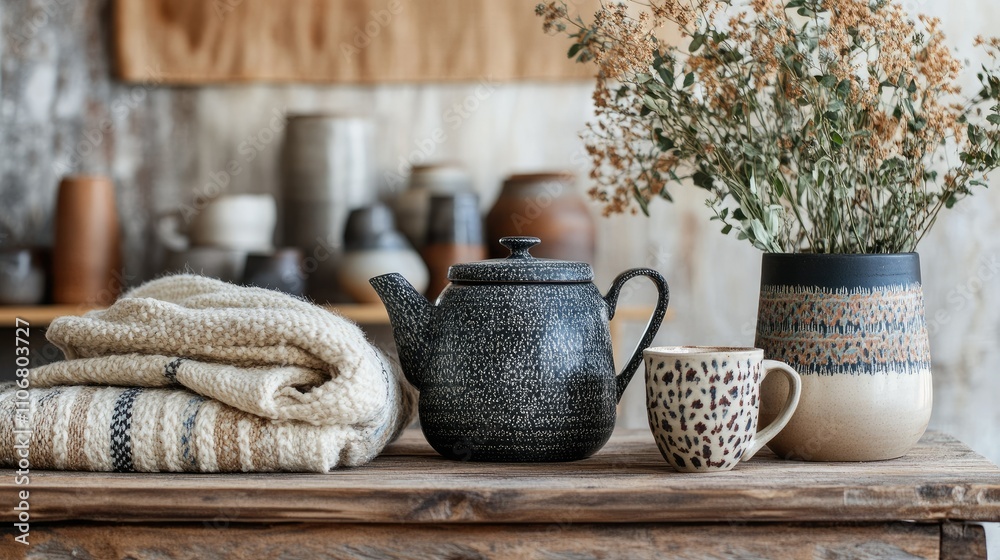 A cozy arrangement with a teapot, mug, blanket, and dried flowers, evoking warmth and comfort. A cozy arrangement with a teapot, mug, blanket, and dried flowers, evoking warmth and comfort.