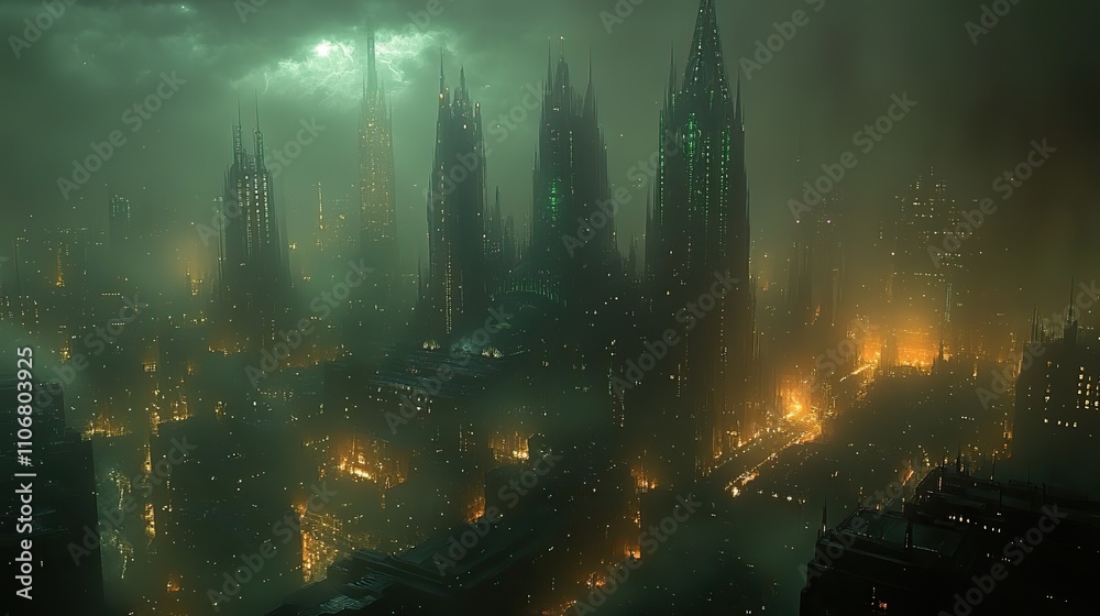 A cyberpunk cityscape at night features neon lights glowing in the sky, with towering skyscrapers reaching into the darkness A cyberpunk cityscape at night features neon lights glowing in the sky, with towering skyscrapers reaching into the darkness