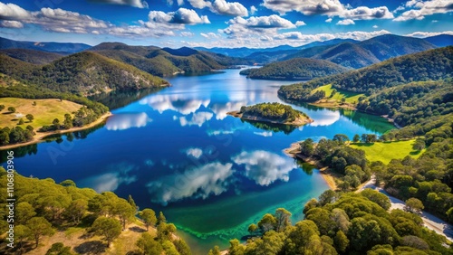 Aerial View of Lake Lyell: Scenic Beauty of Lithgow, Australia - Breathtaking Nature, Stunning Landscape, Regional Exploration, and Water Reflections photo