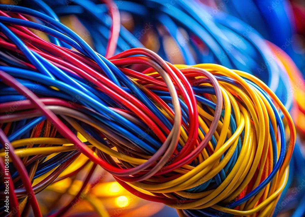 Captivating Silhouette of Colorful Tangle of Electrical Wires in Bold Red, Blue, and Yellow Strands Against a Soft Background for Stunning Visual Appeal Captivating Silhouette of Colorful Tangle of Electrical Wires in Bold Red, Blue, and Yellow Strands Against a Soft Background for Stunning Visual Appeal