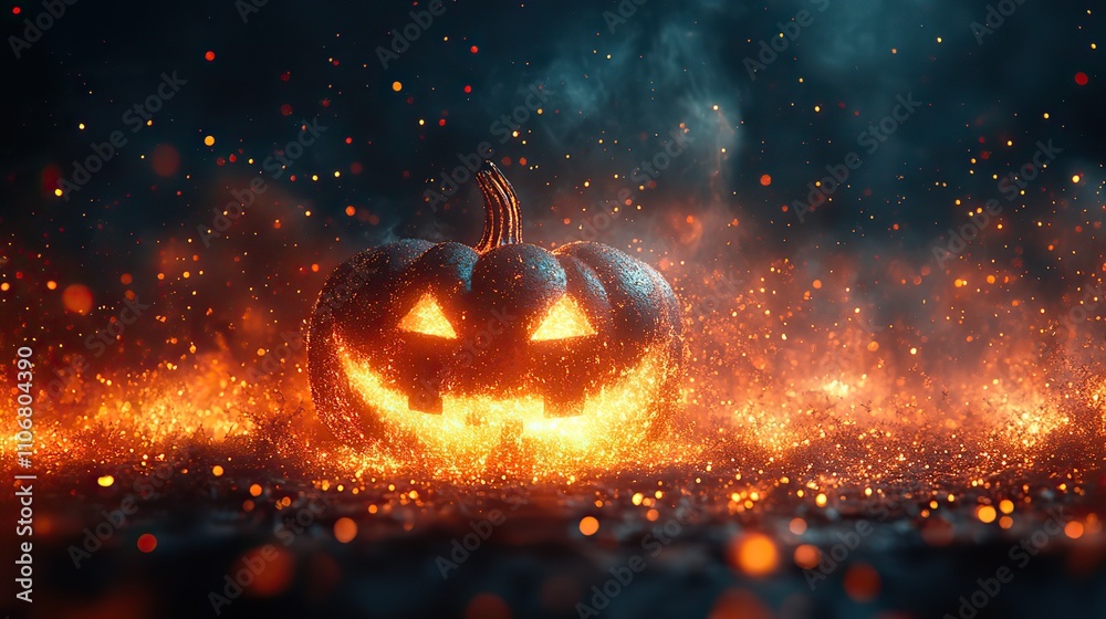 A dark background with blurred lights and Halloween pumpkins, creating a spooky banner for the season A dark background with blurred lights and Halloween pumpkins, creating a spooky banner for the season