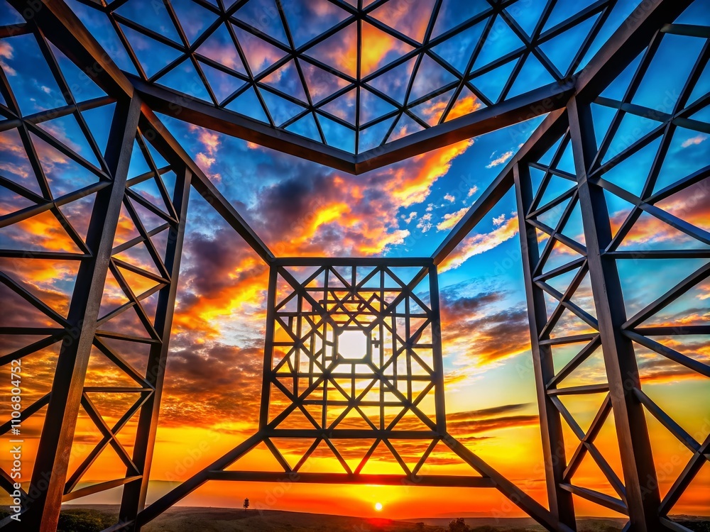 Fototapeta premium Captivating Silhouette Photography of a Geometric Metal Frame Against a Dramatic Sunset Background, Showcasing Intricate Designs and Patterns in an Artistic Composition