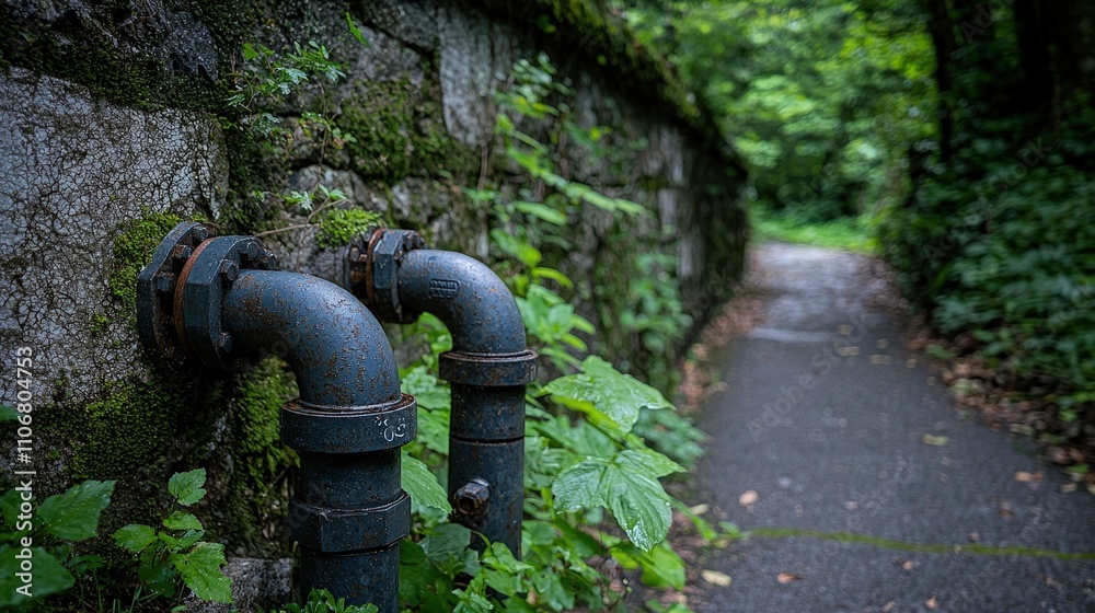 Rustic Pipes Stone Wall Path Green Foliage Outdoors Nature Scene