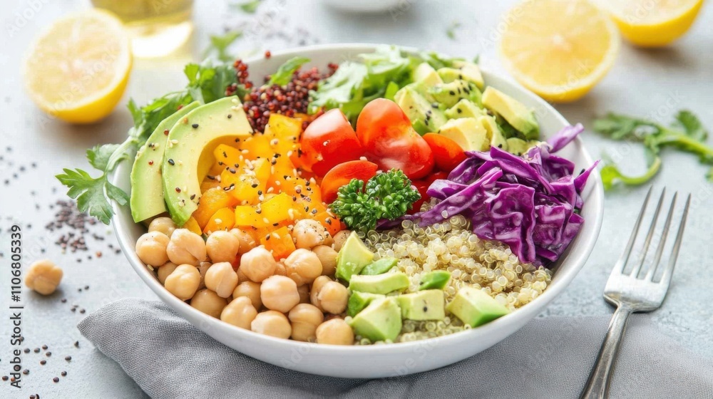 A vibrant vegan Buddha bowl with quinoa, avocado, chickpeas A vibrant vegan Buddha bowl with quinoa, avocado, chickpeas