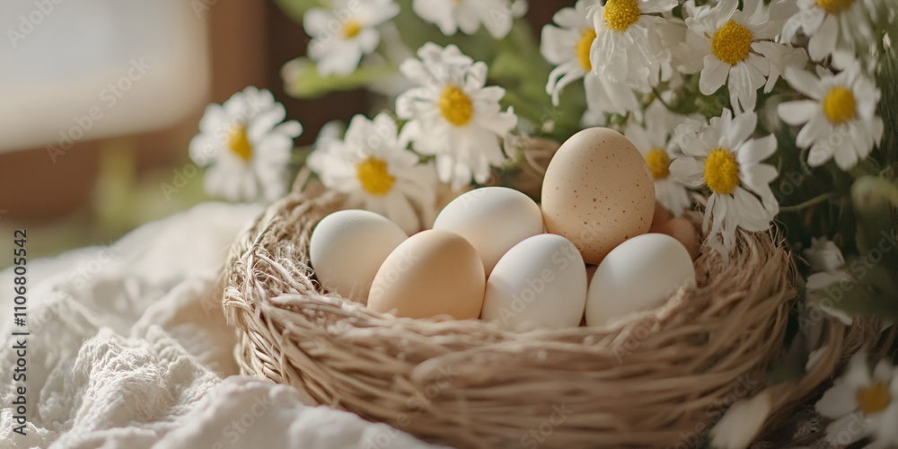 Colorful Easter Eggs in a Basket Surrounded by Spring Flowers Colorful Easter Eggs in a Basket Surrounded by Spring Flowers