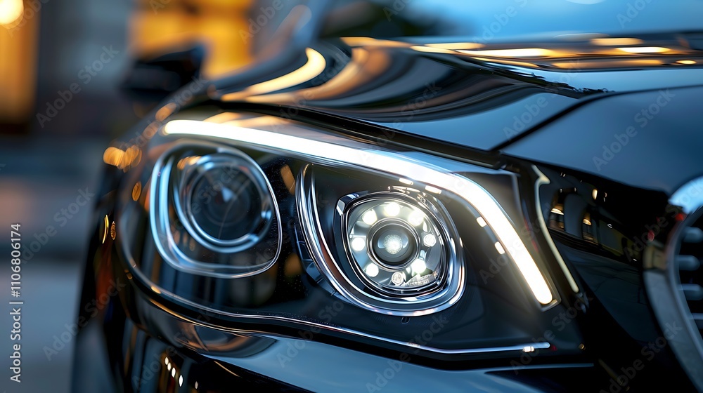 Close up of car front view headlight assembly in daylight Close up of car front view headlight assembly in daylight