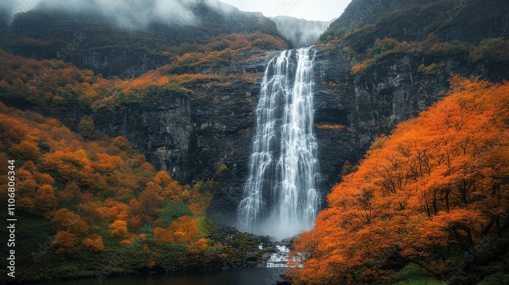 Fototapeta premium A serene waterfall surrounded by vibrant autumn foliage and misty mountains.